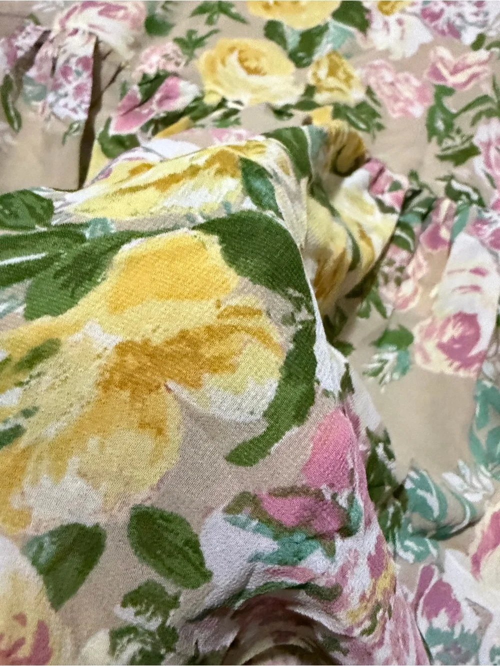 Susan Graver Beige Maxi Skirt with Yellow & Pink Floral Print- NWOT